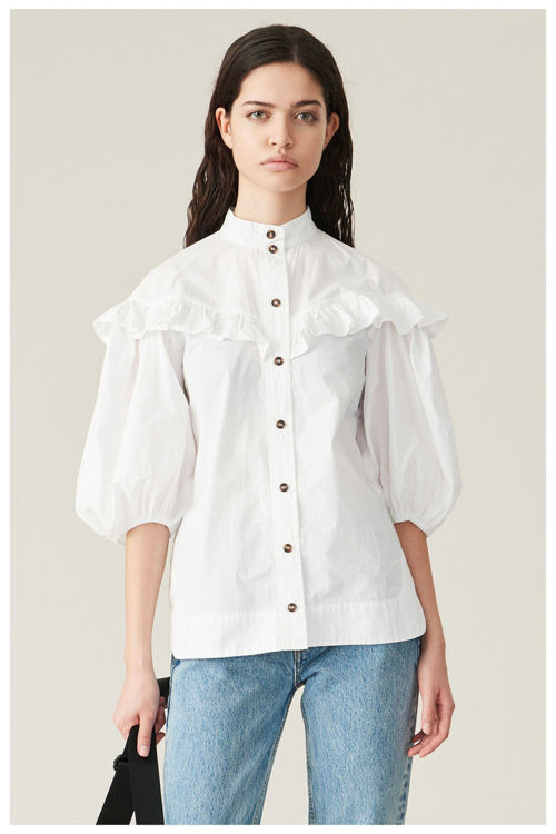 Ganni Ruffled drop shoulder skjorte bright white